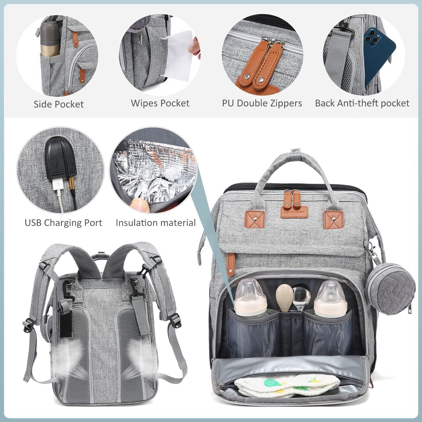 Mochila Bolsa de Pañales con Cambiador y Estuche para Chupón