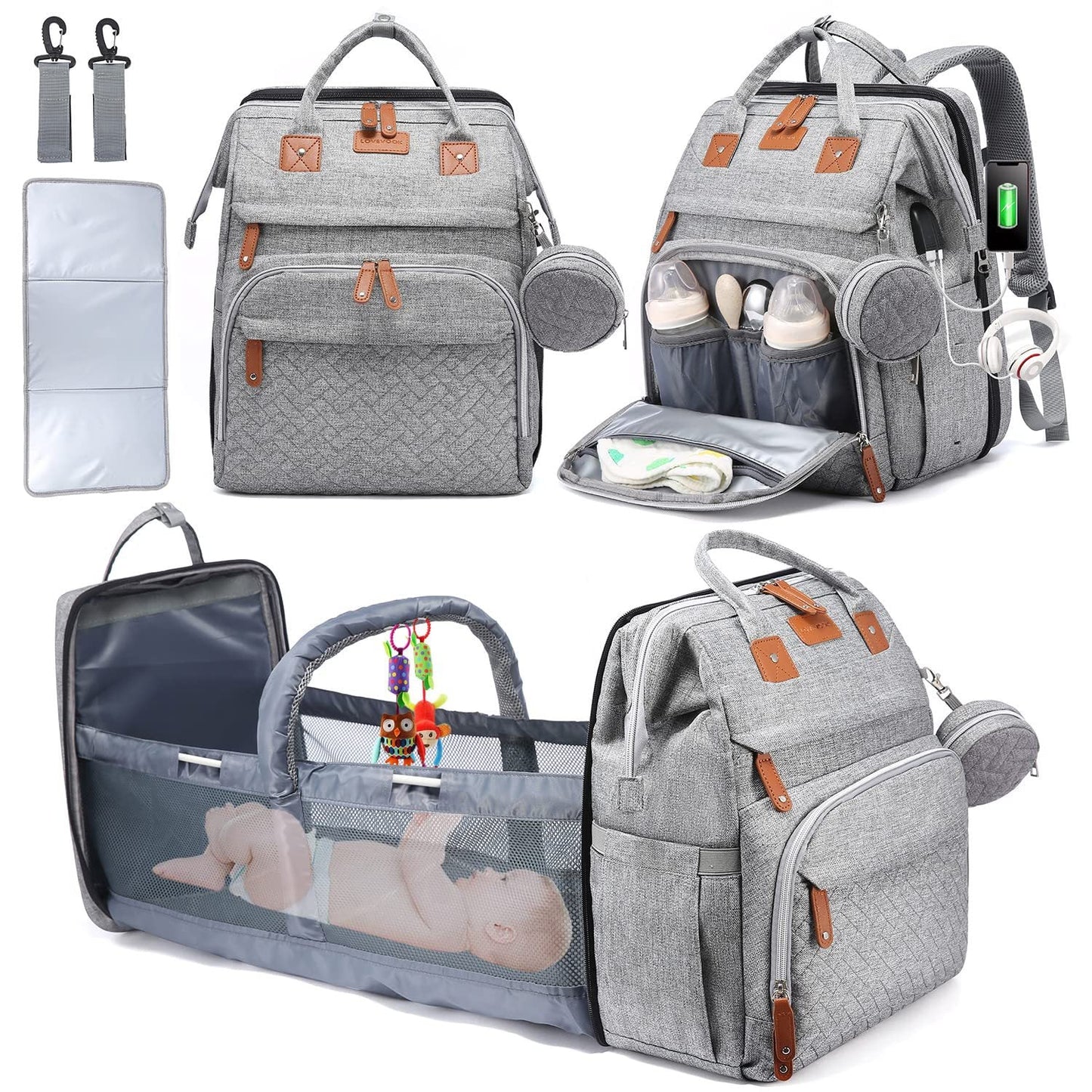 Mochila Bolsa de Pañales con Cambiador y Estuche para Chupón